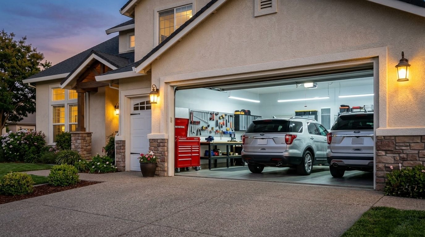 Metro Garage Door Service Harris Garage Door Gliding Open Revealing Warm Illuminated Interior